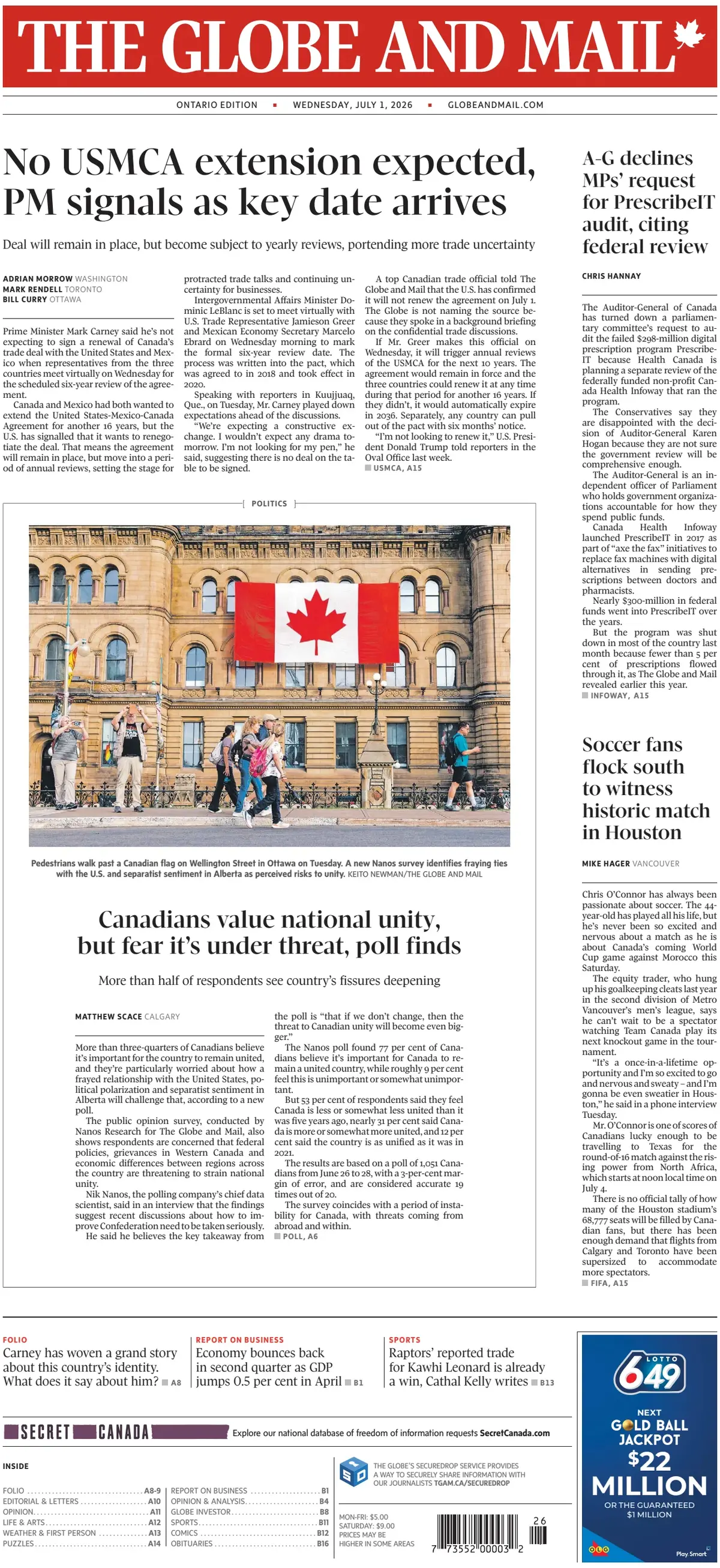 Cover The Globe and Mail 01/07/2026