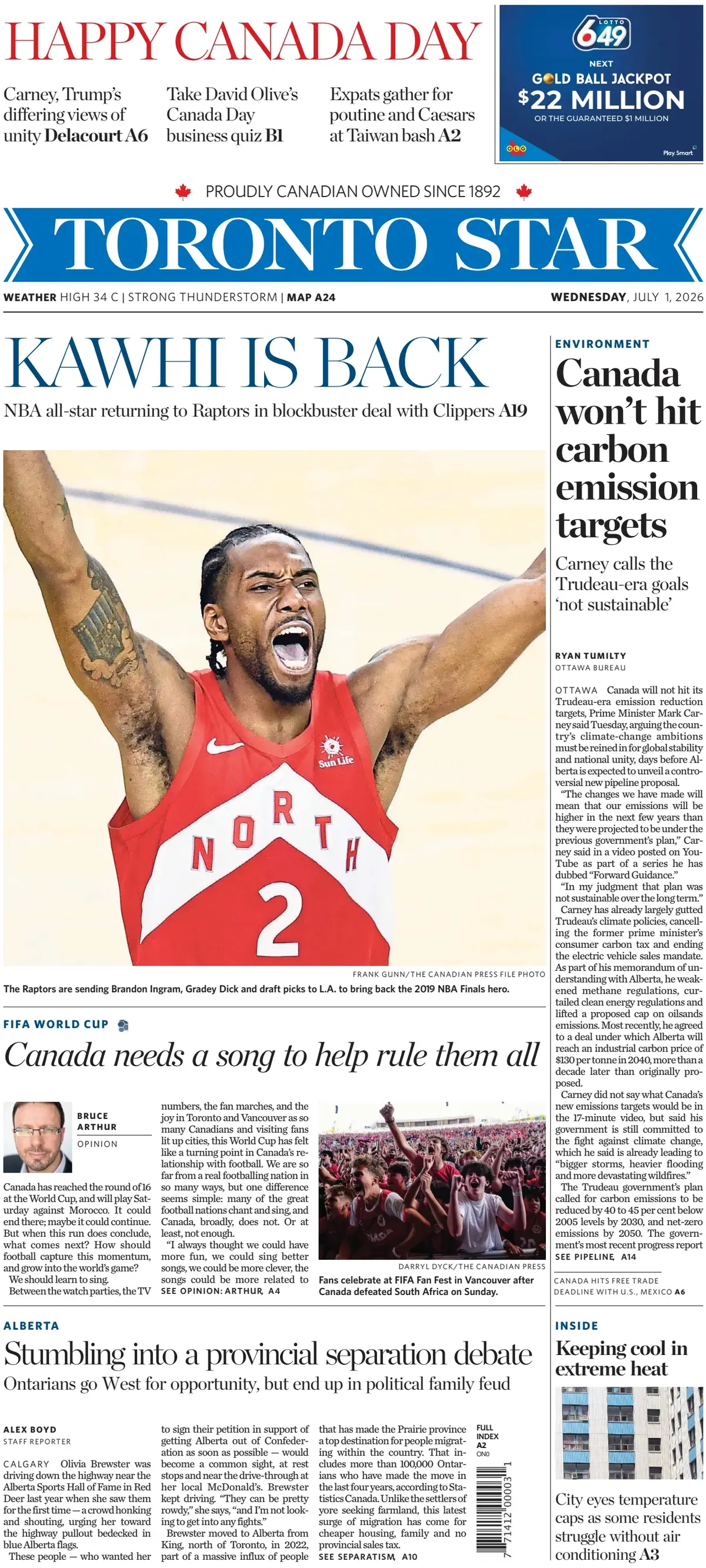 Cover Toronto Star 01/07/2026