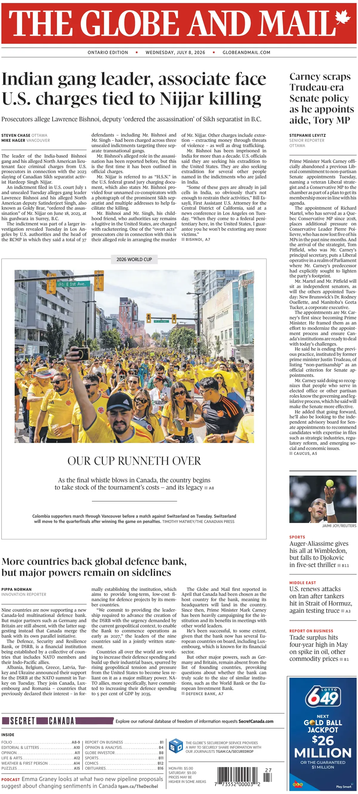 Cover The Globe and Mail 08/07/2026