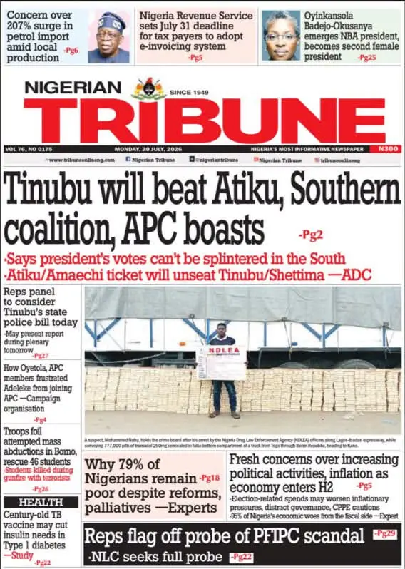 Cover Nigerian Tribune 20/07/2026