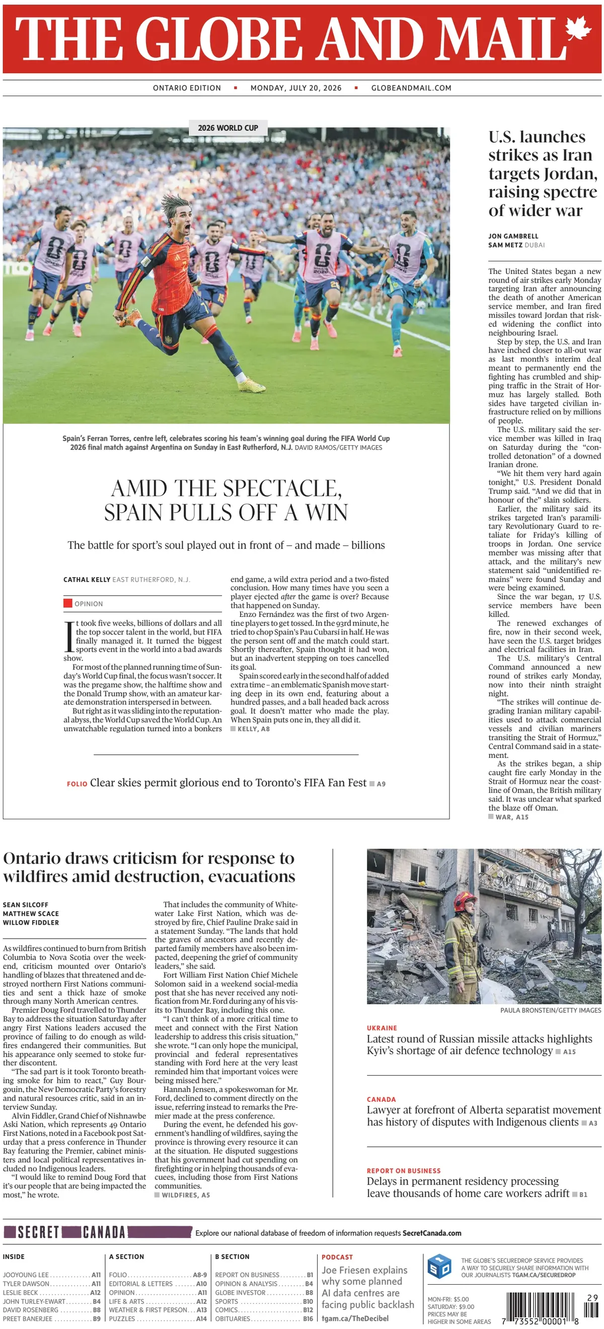Cover The Globe and Mail 20/07/2026