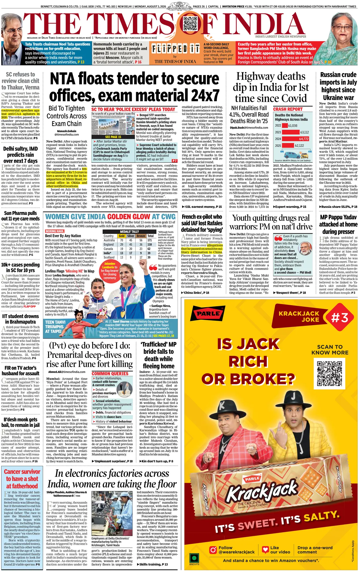 Cover The Times of India 03/08/2026