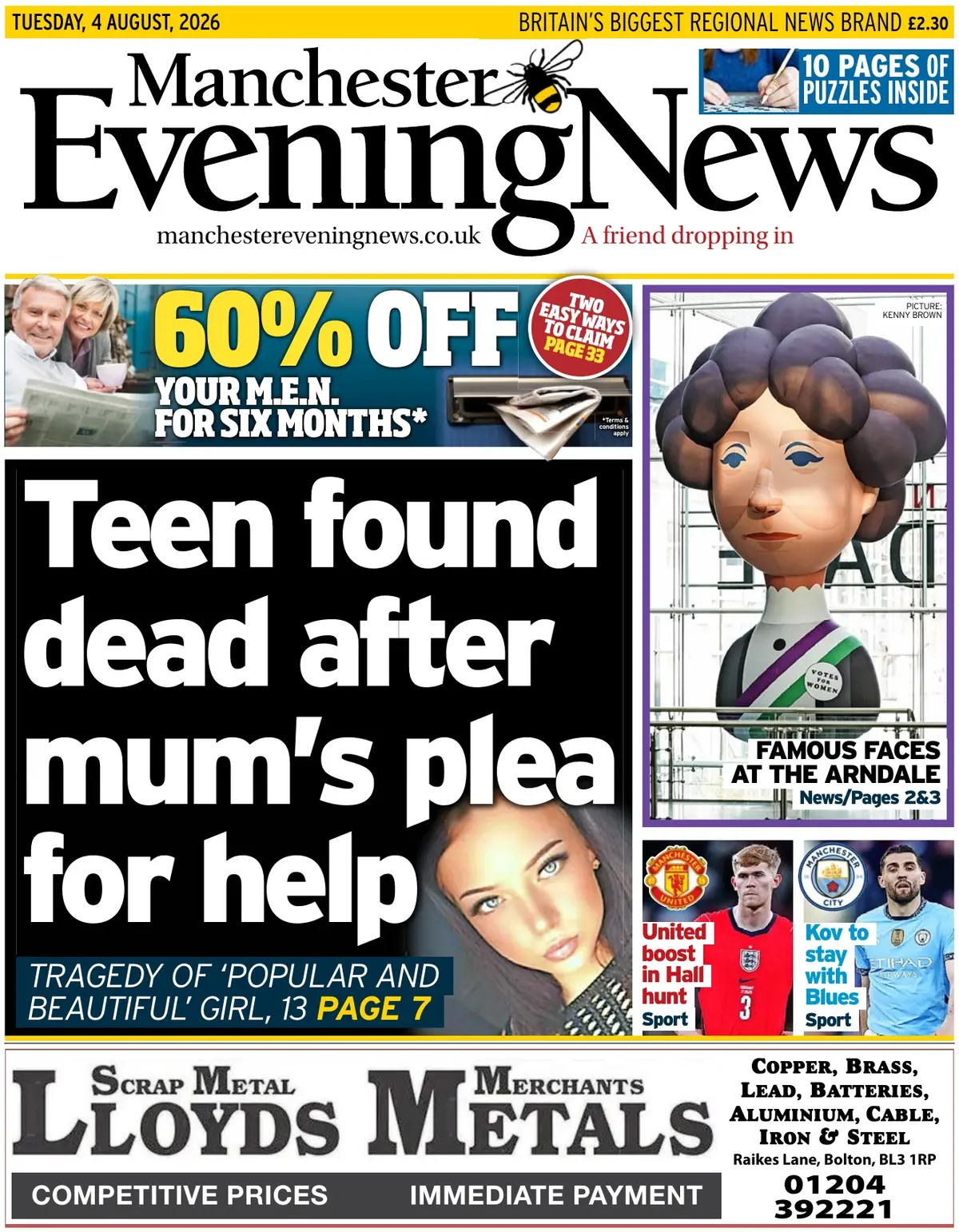 Cover Manchester Evening News 04/08/2026