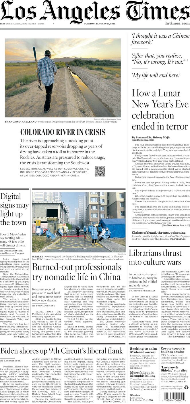 Los Angeles Times - Front Page - 31/01/2023