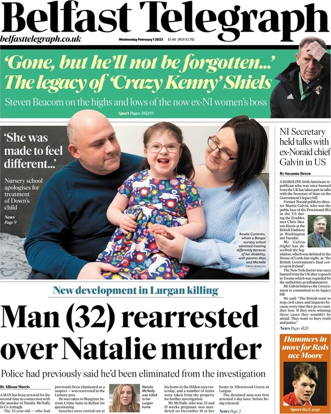 Belfast Telegraph - Front Page - 01/02/2023