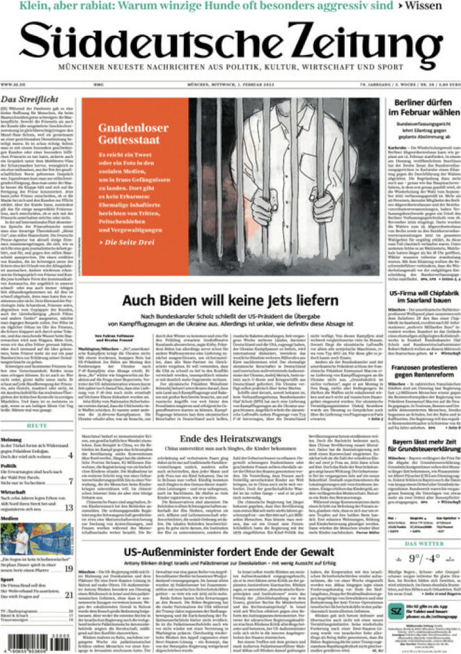 Süddeutsche Zeitung - Front Page - 01/02/2023