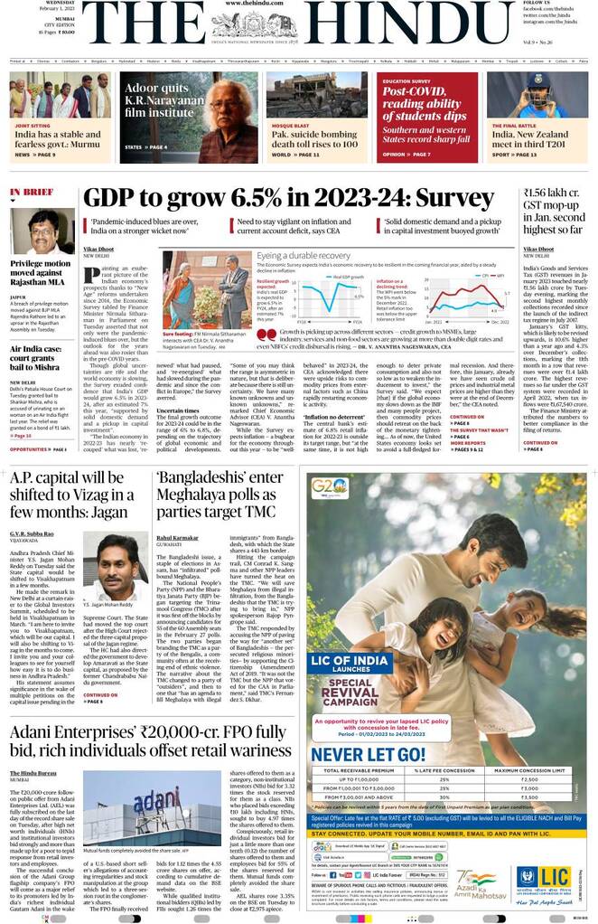 The Hindu - Front Page - 01/02/2023