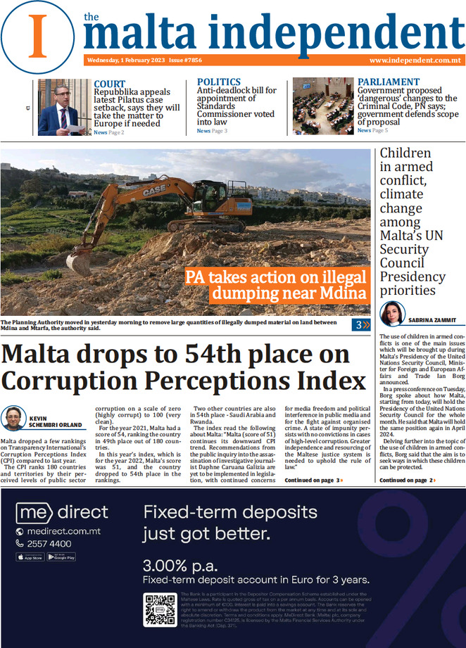 The Malta Independent - Front Page - 01/02/2023