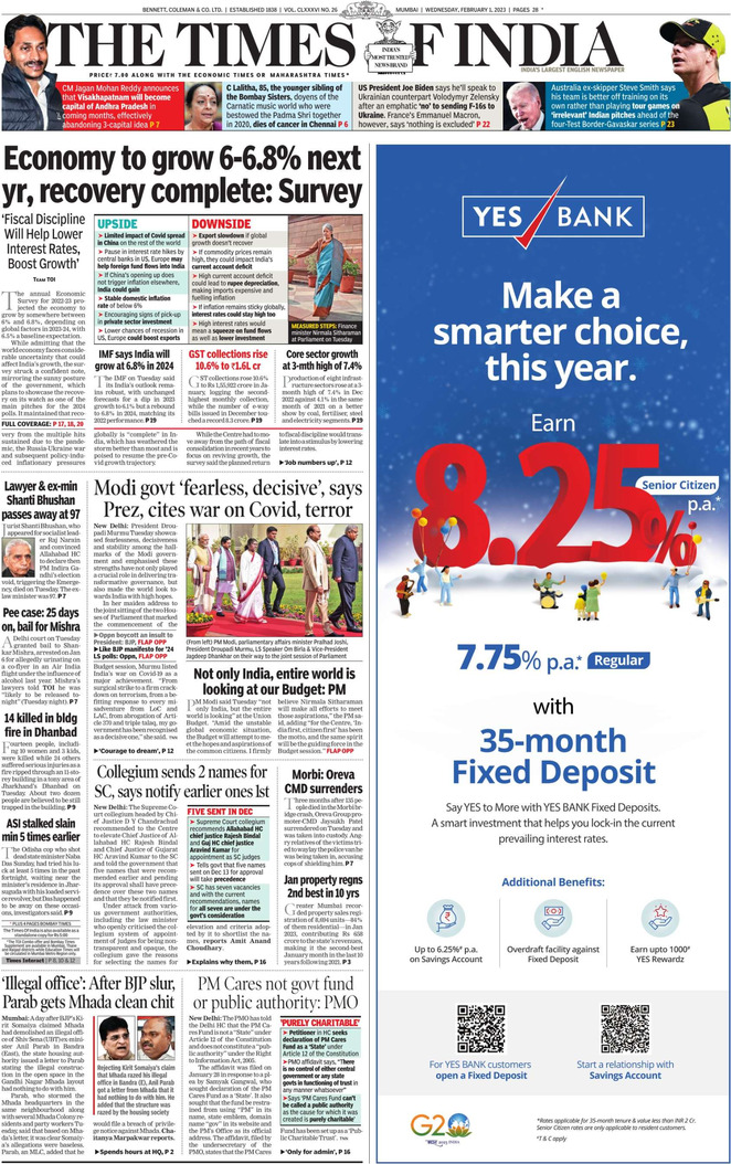 The Times of India - Front Page - 01/02/2023