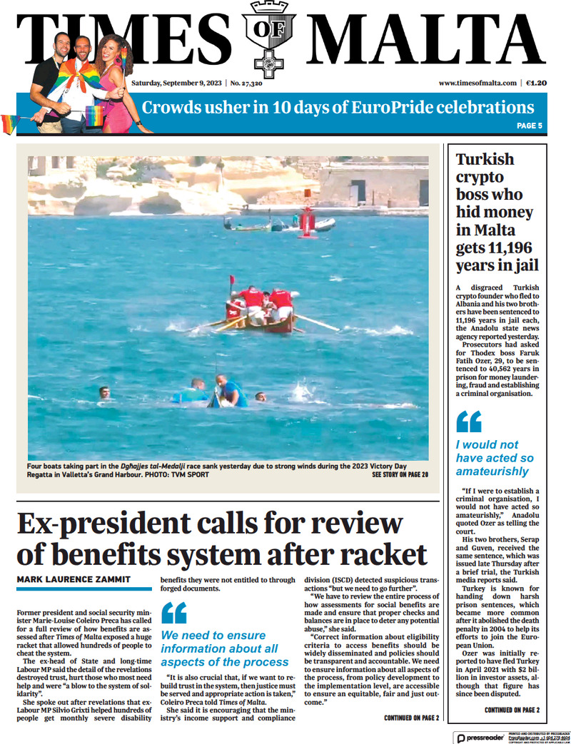 Times of Malta Today's Cover Front Pages