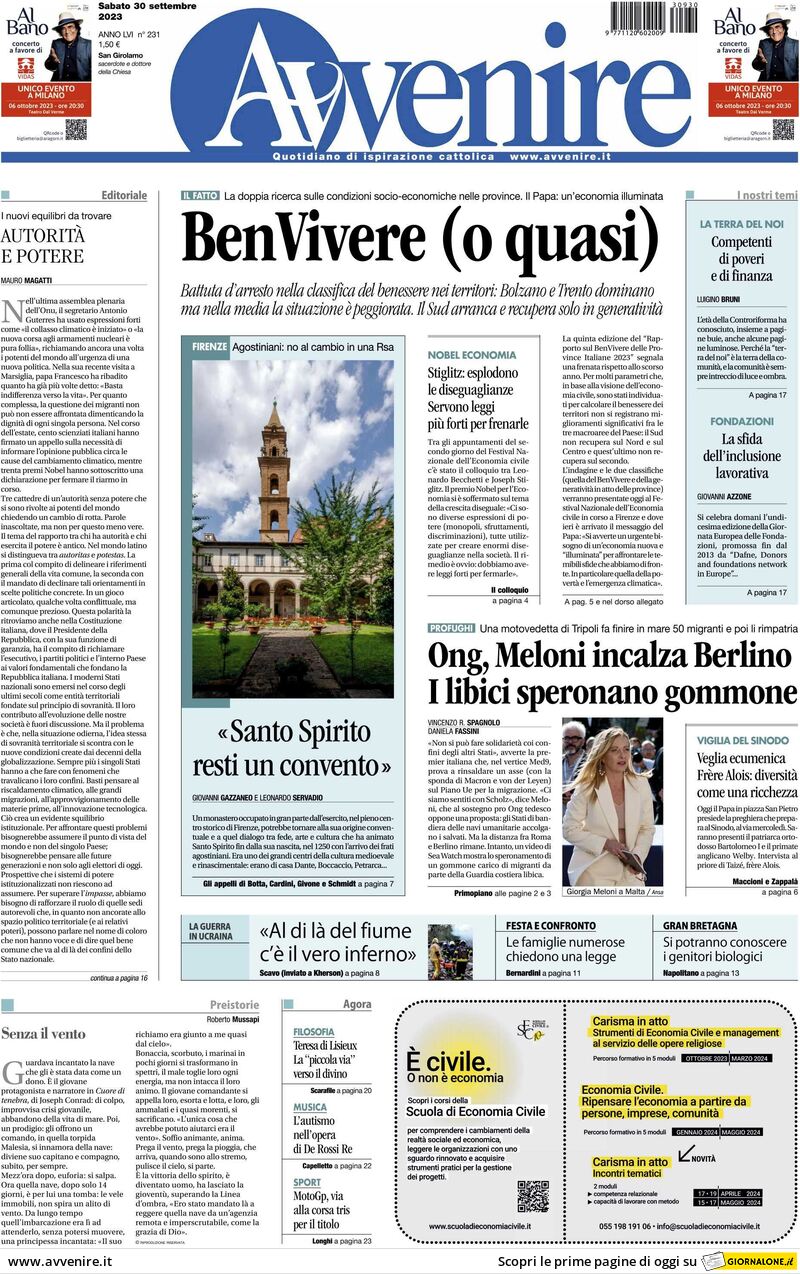 Avvenire - Front Page - 30/09/2023