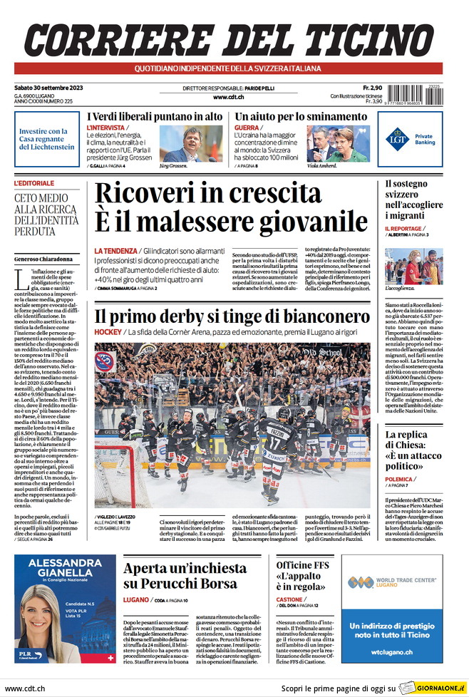 Corriere del Ticino - Front Page - 30/09/2023
