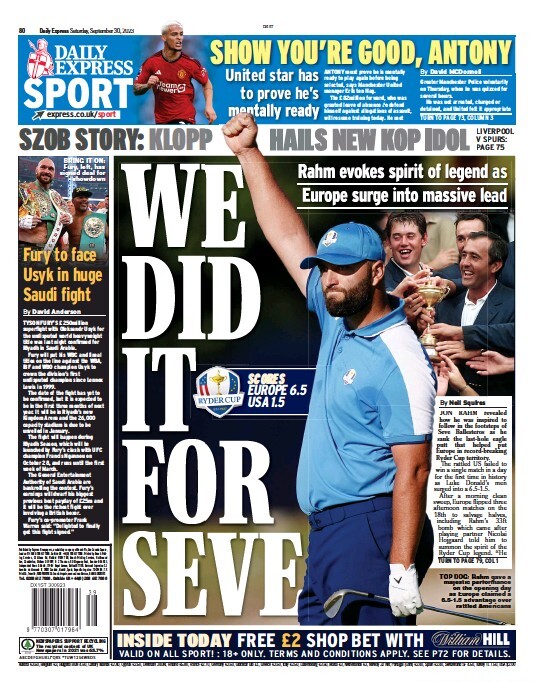 Daily Express SPORT - Front Page - 30/09/2023