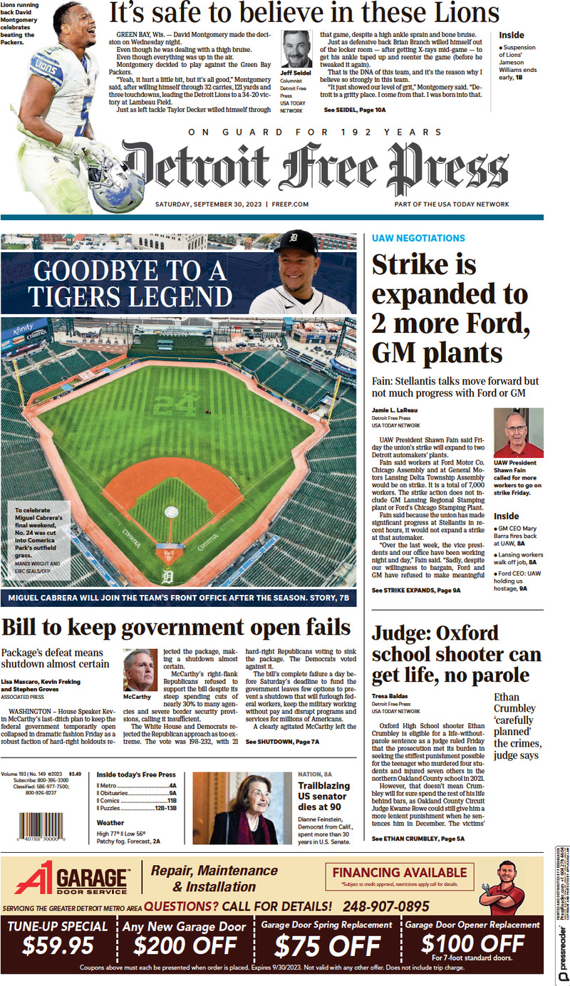 Detroit Free Press - Cover - 30/09/2023