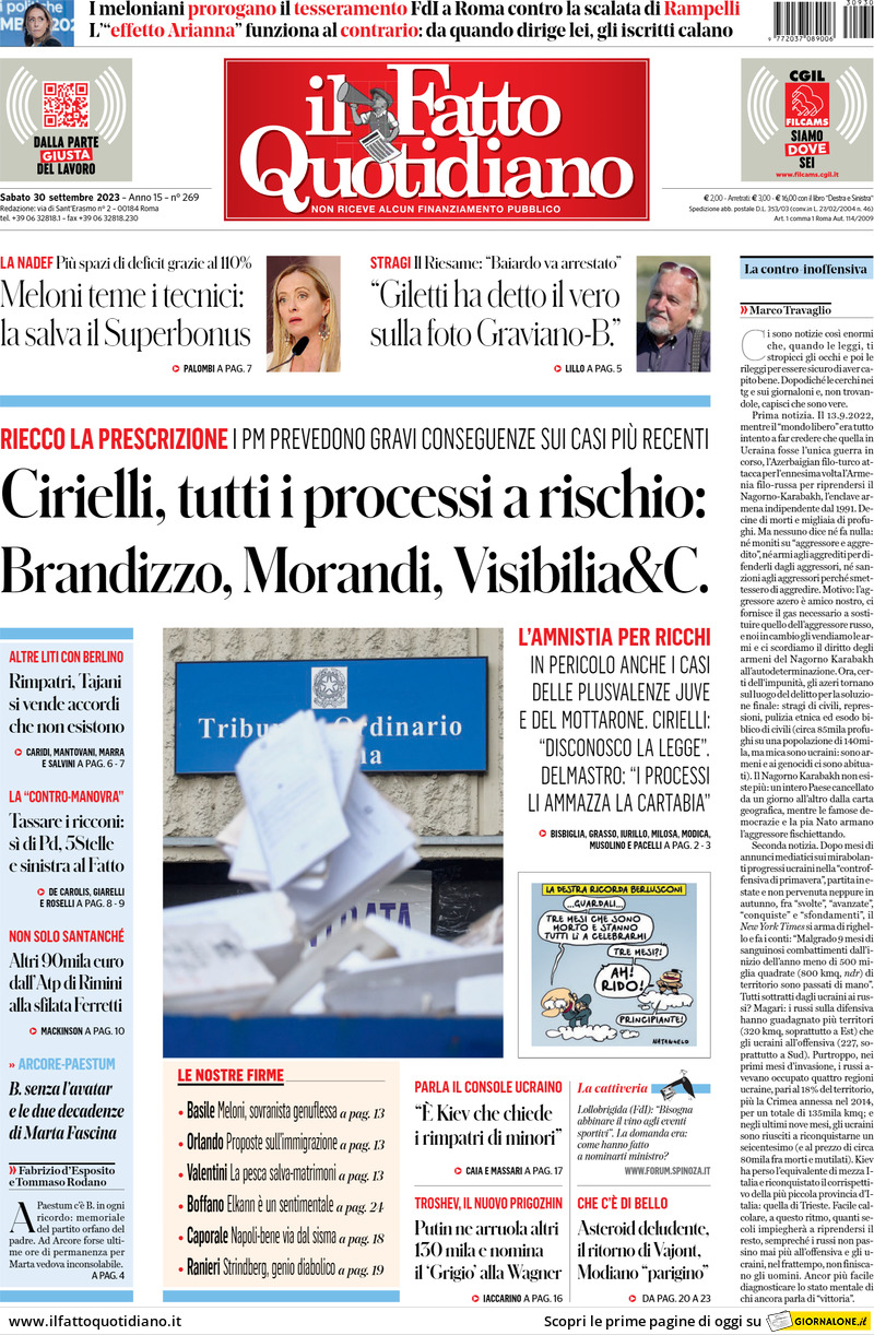 Il Fatto Quotidiano - Front Page - 30/09/2023