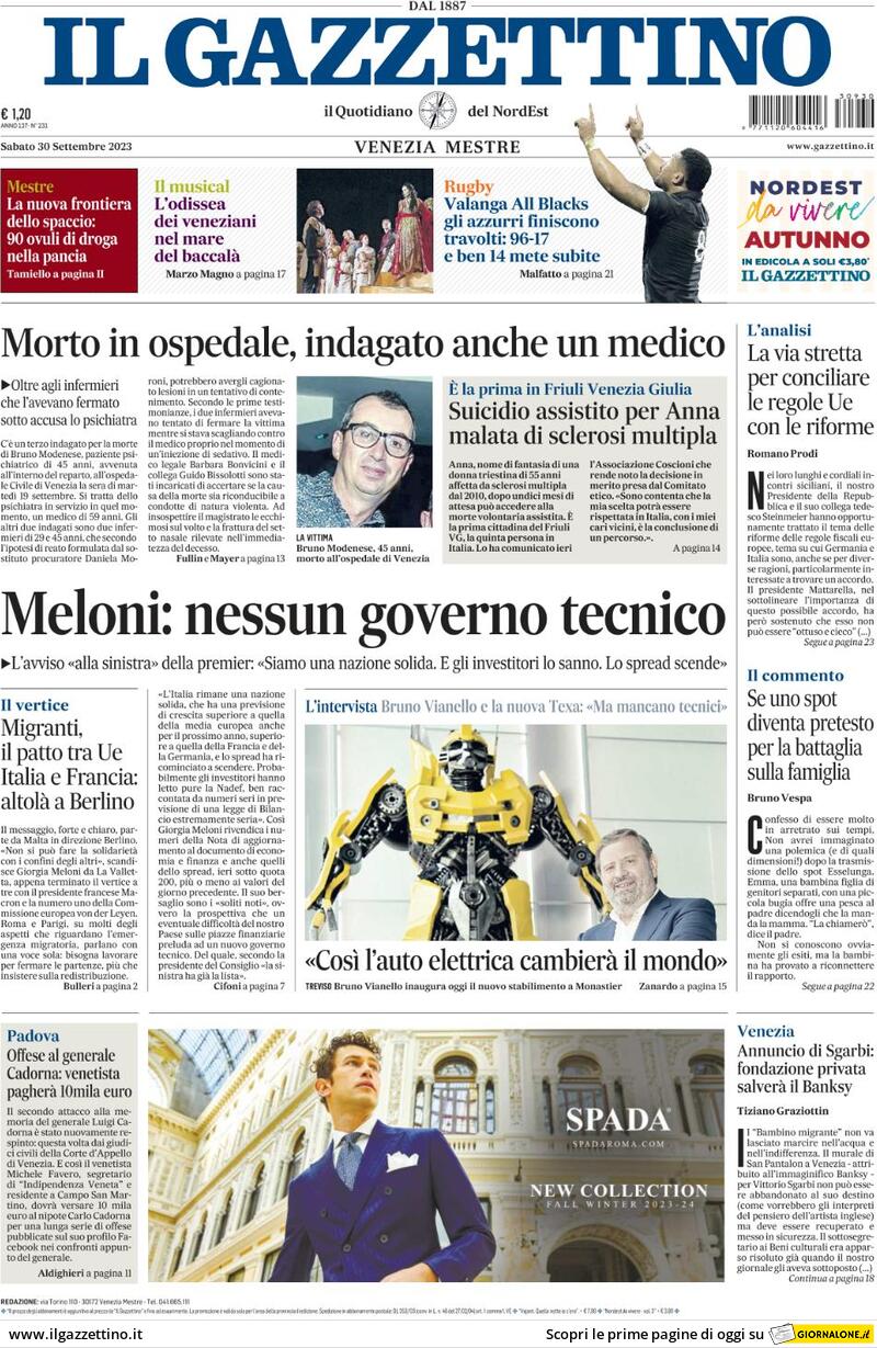 Il Gazzettino - Front Page - 30/09/2023