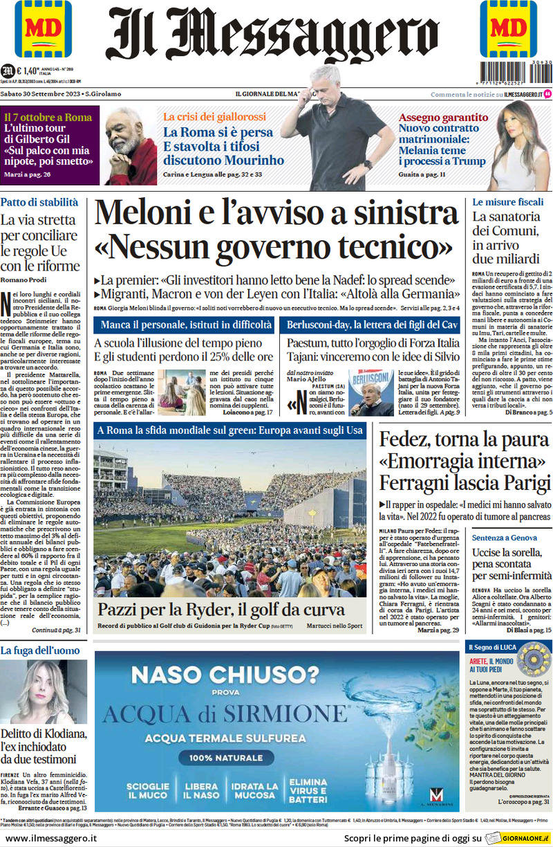 Il Messaggero - Front Page - 30/09/2023