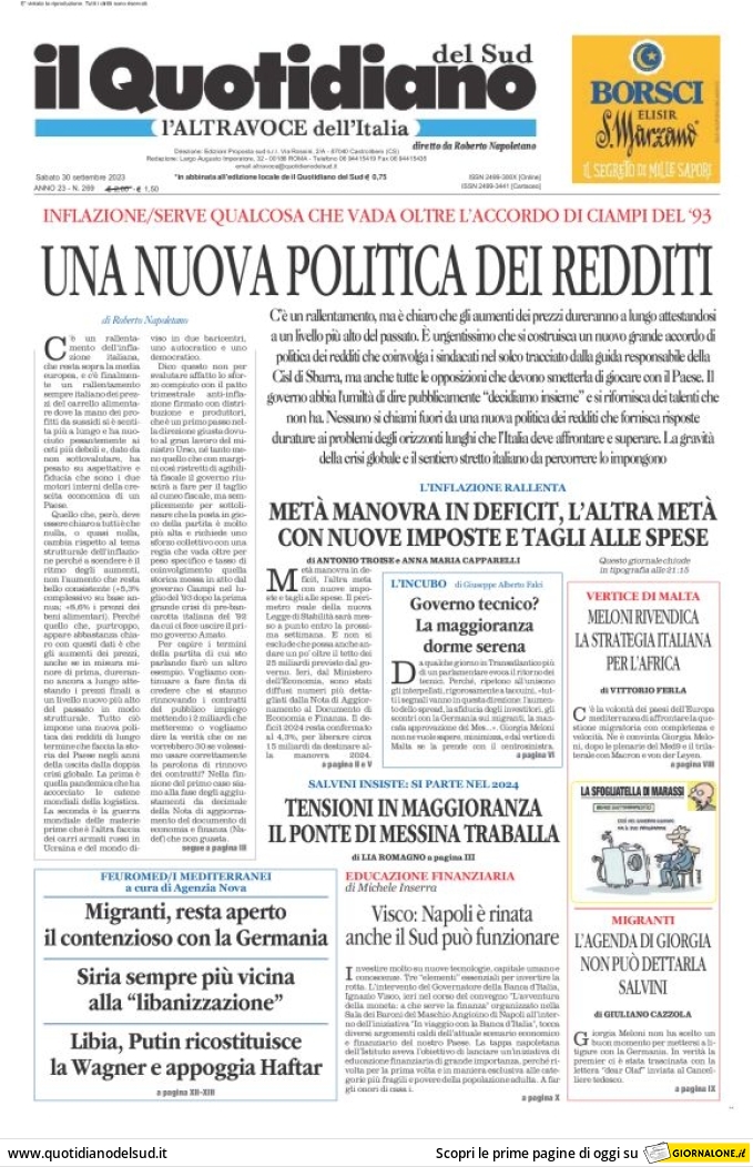 Il Quotidiano del Sud L'Altravoce - Front Page - 30/09/2023