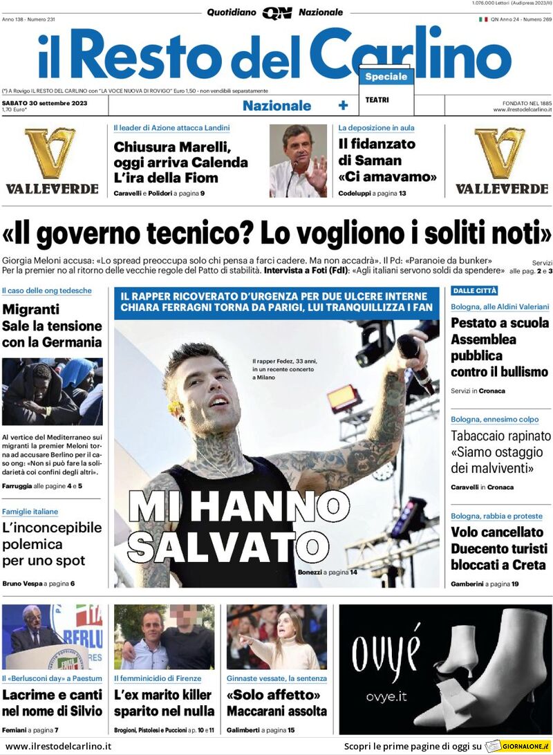 Il Resto del Carlino - Front Page - 30/09/2023