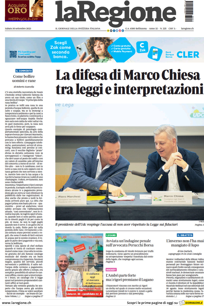 La Regione - Front Page - 30/09/2023