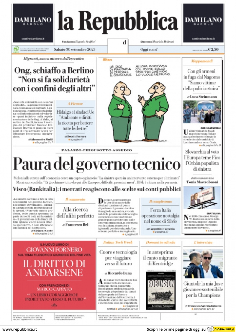 La Repubblica - Front Page - 30/09/2023