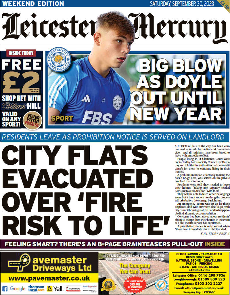 Leicester Mercury Today's Cover Front Pages