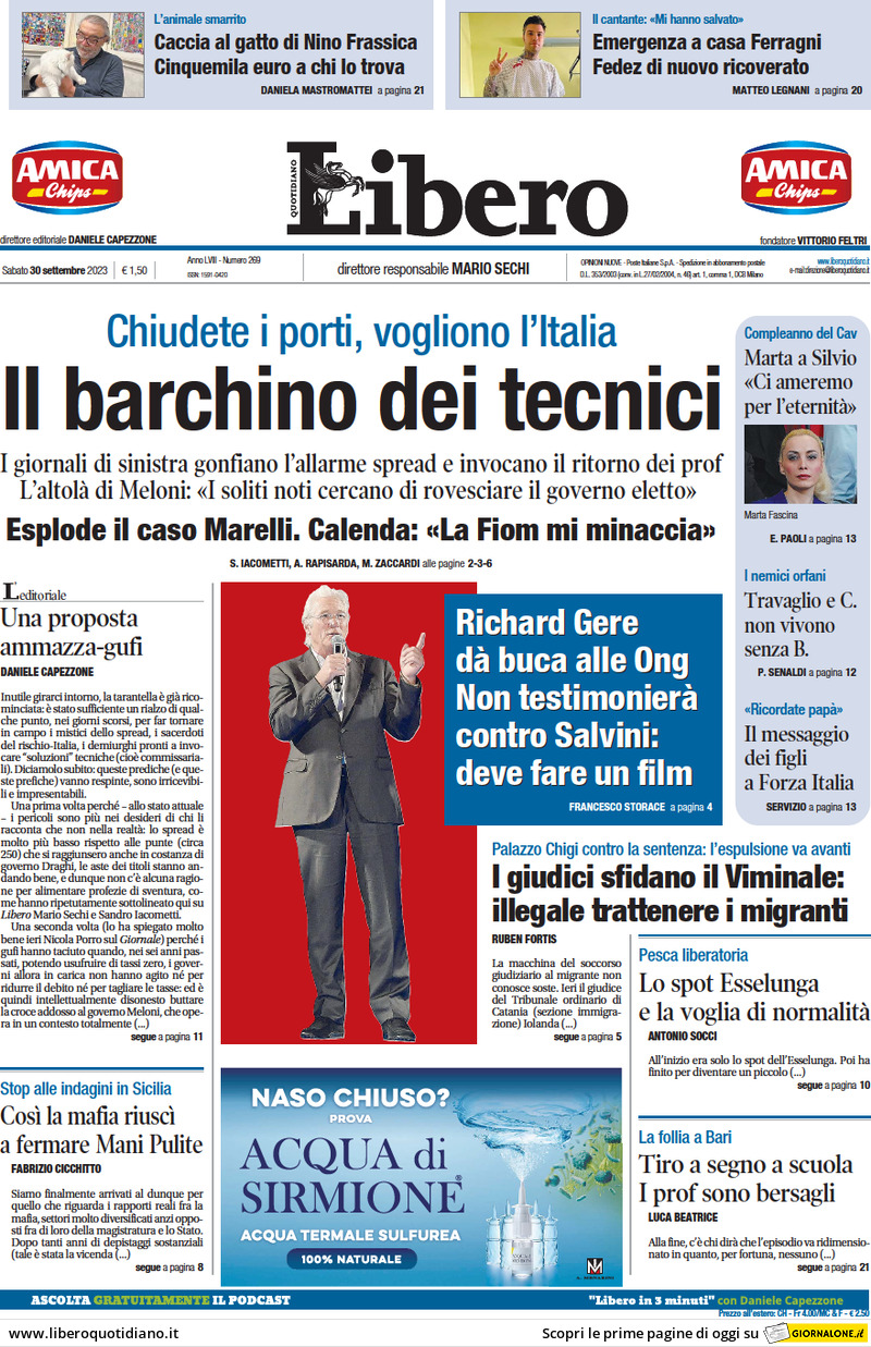 Libero Quotidiano - Front Page - 30/09/2023
