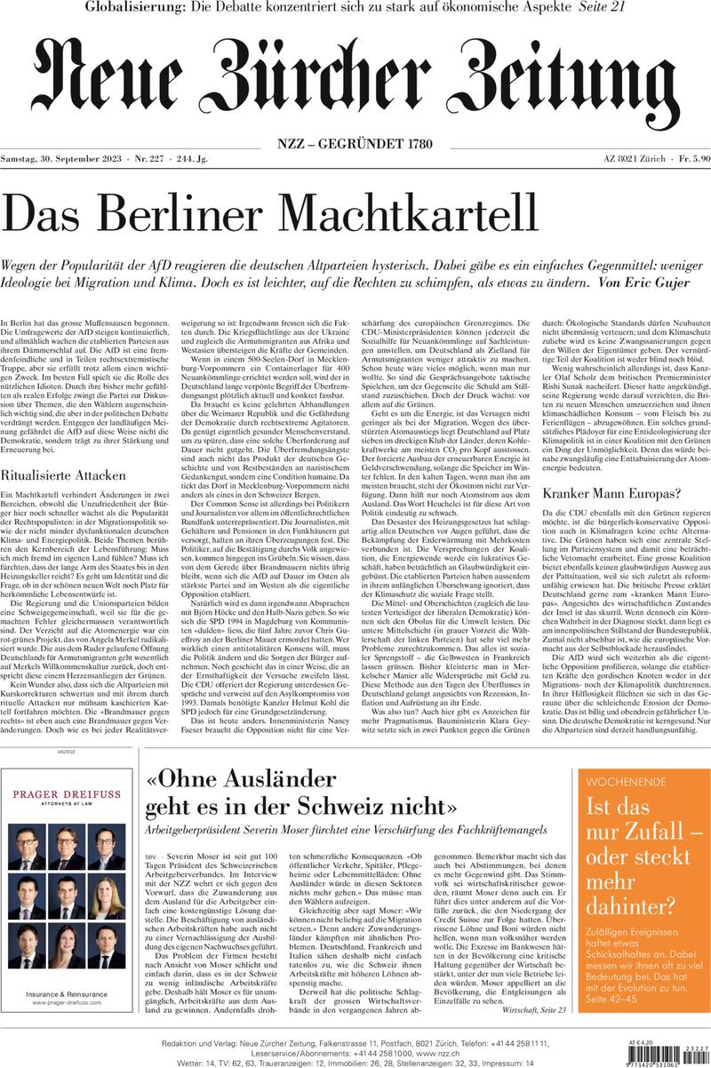 Neue Zürcher Zeitung - Front Page - 30/09/2023