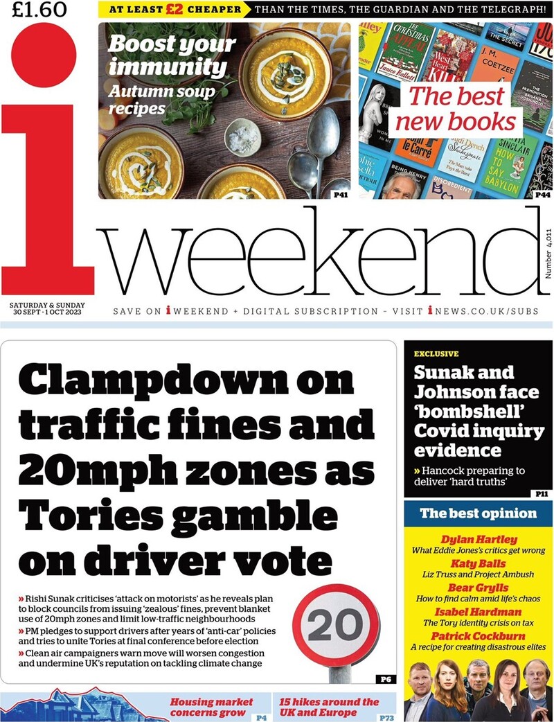 The i Newspaper - Front Page - 30/09/2023