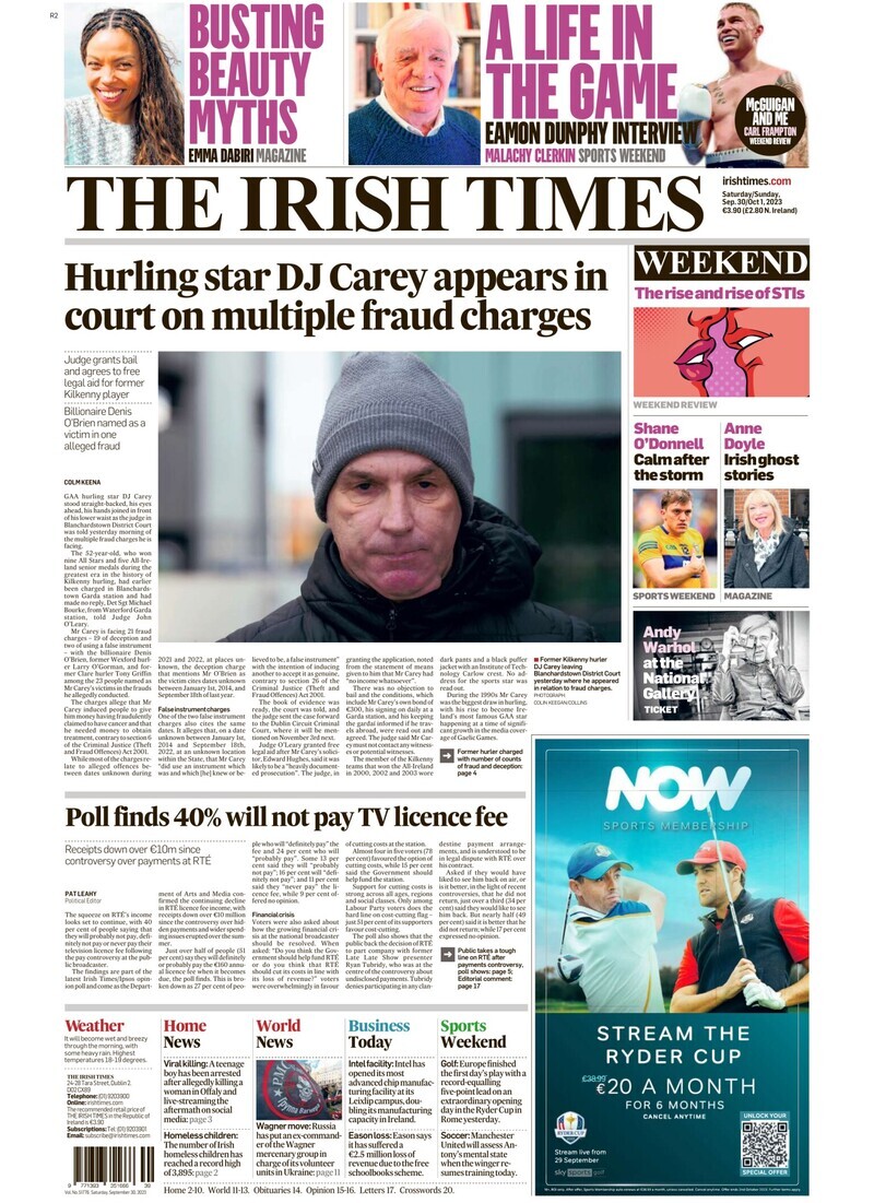 The Irish Times - Front Page - 30/09/2023