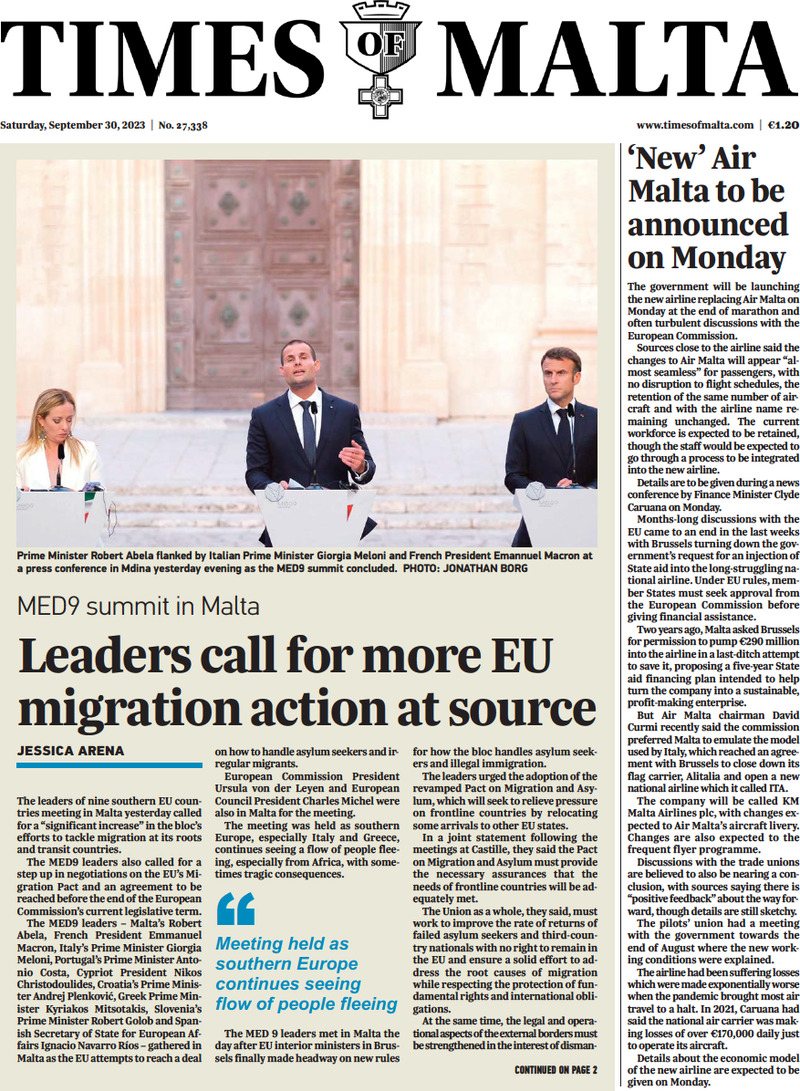 Times of Malta - Front Page - 30/09/2023