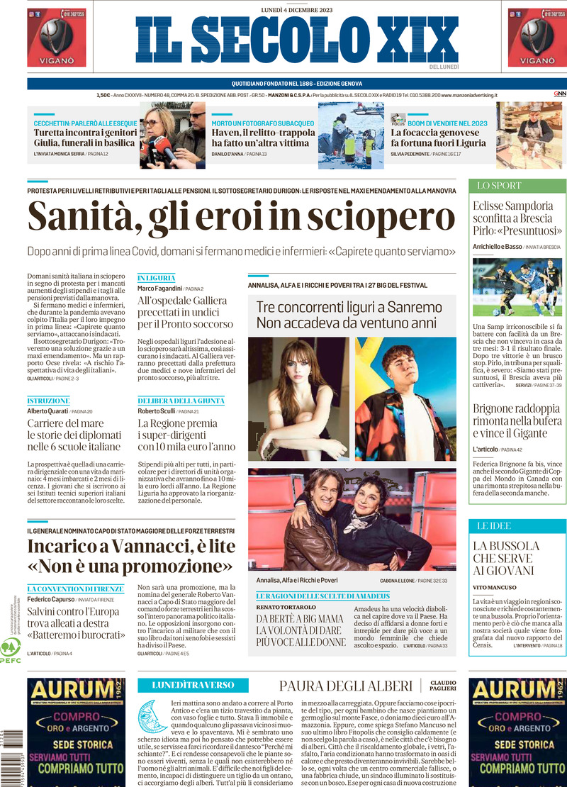Il Secolo XIX - Front Page - 04/12/2023