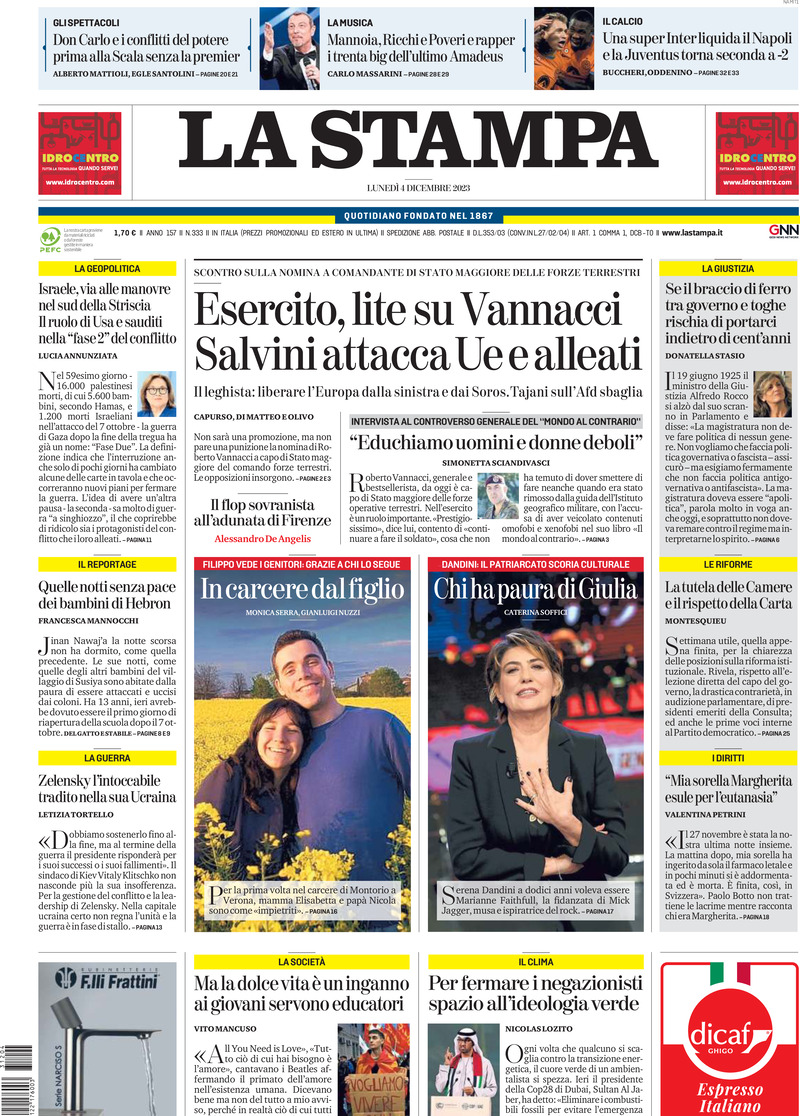 La Stampa - Front Page - 04/12/2023