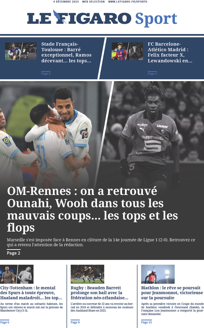 Le Figaro SPORT - Front Page - 04/12/2023