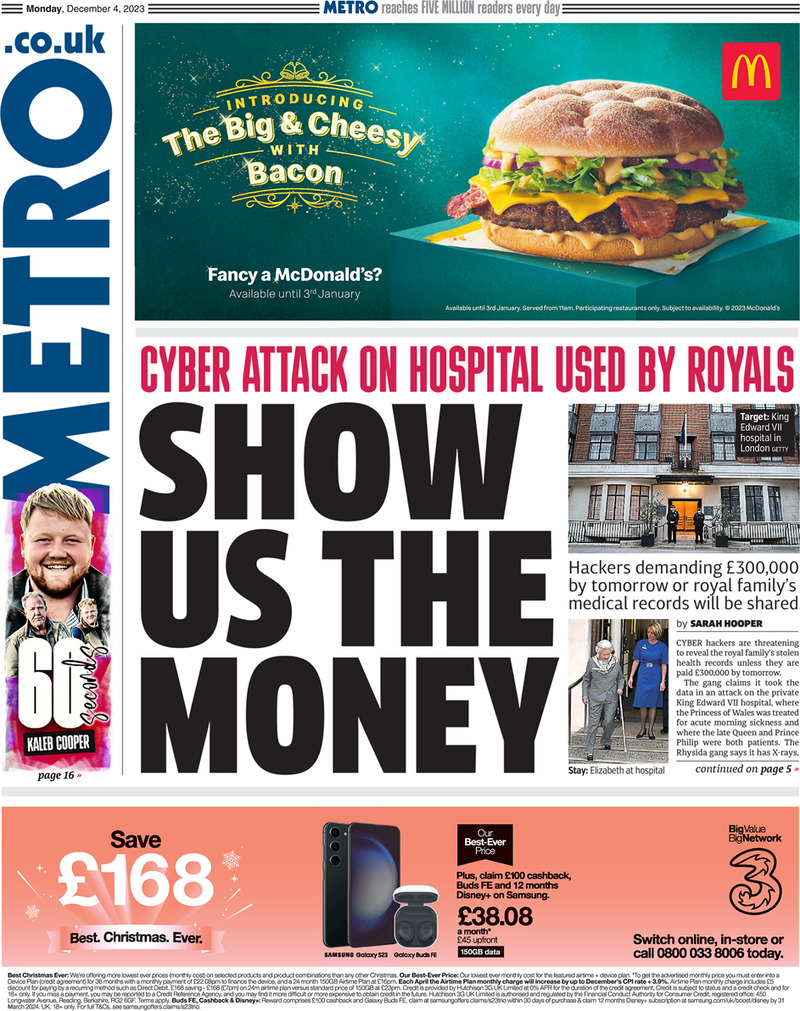 Metro UK - Front Page - 04/12/2023
