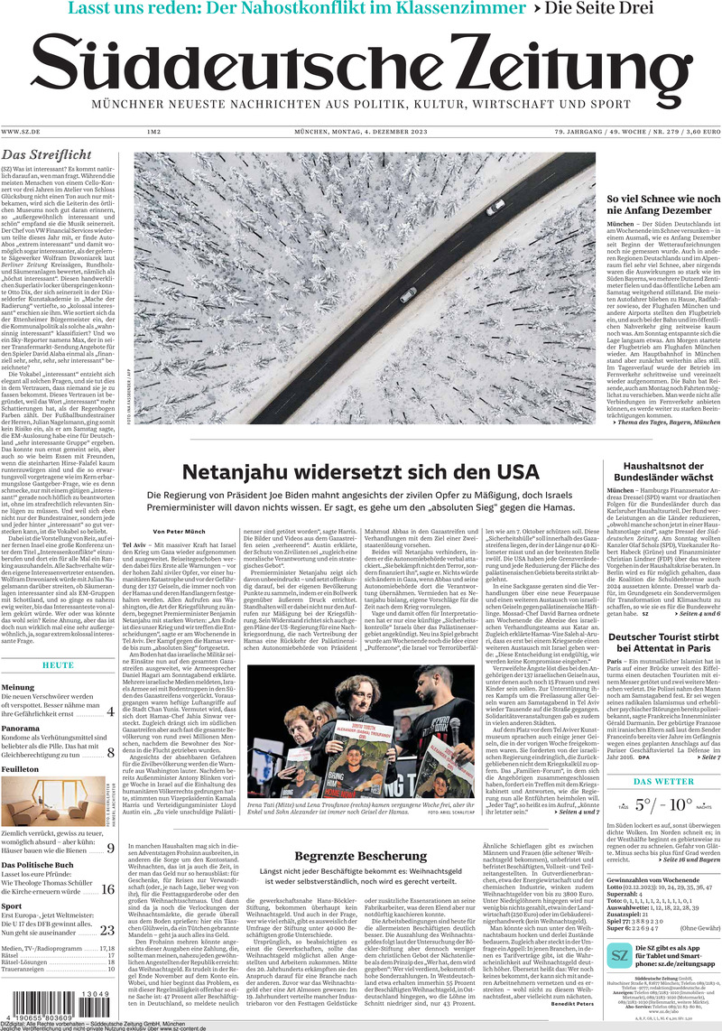 Süddeutsche Zeitung - Front Page - 04/12/2023