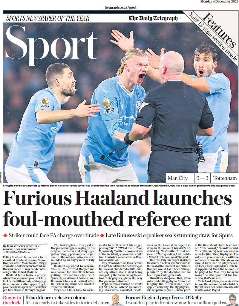 The Daily Telegraph SPORT - Front Page - 04/12/2023