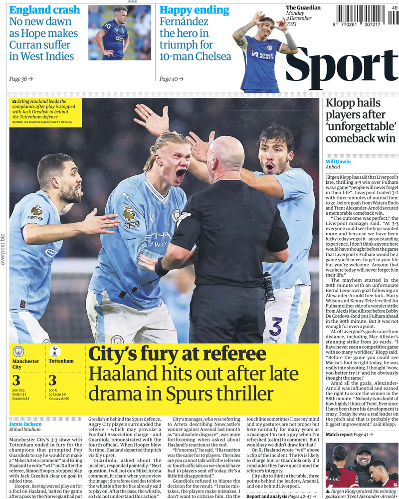 The Guardian SPORT - Front Page - 04/12/2023