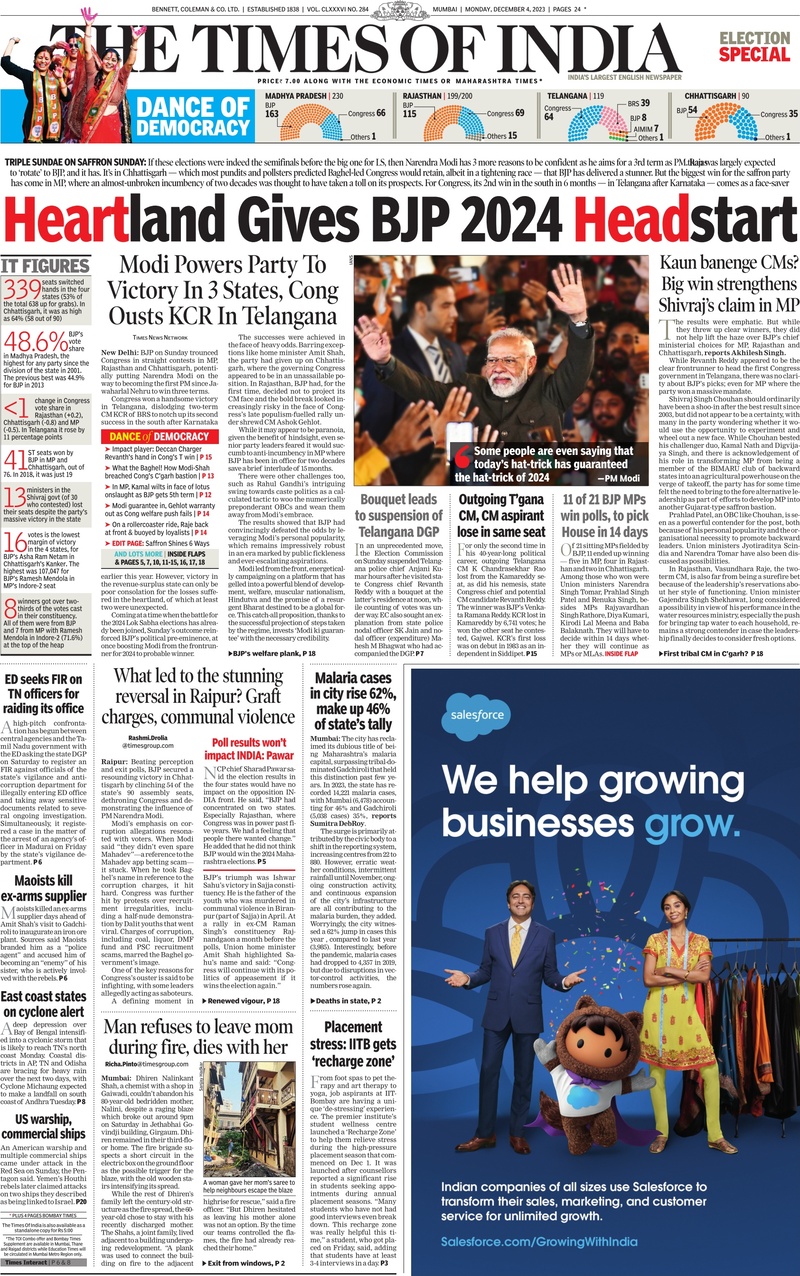 The Times of India - Front Page - 04/12/2023