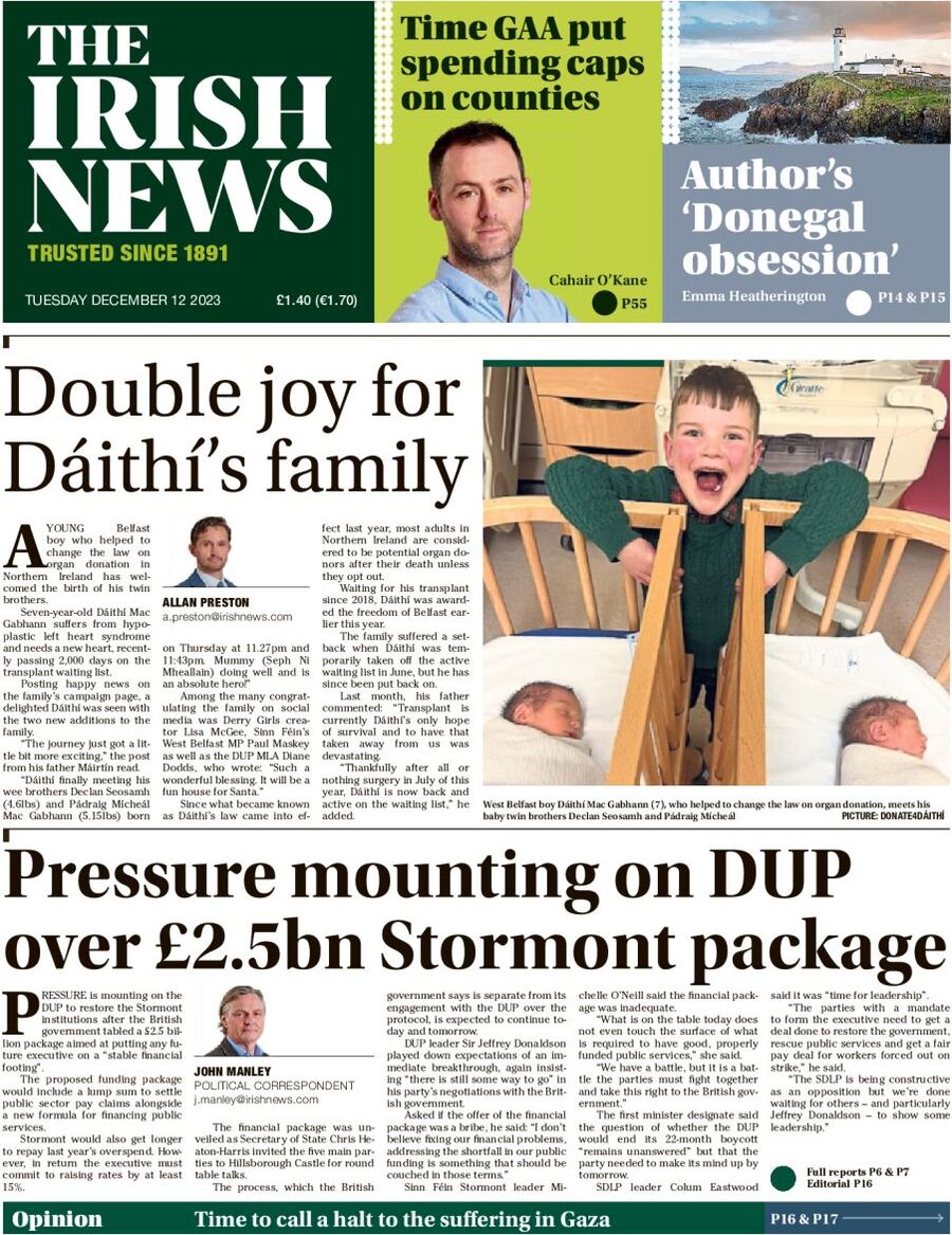 The Irish News - Front Page - 12/12/2023