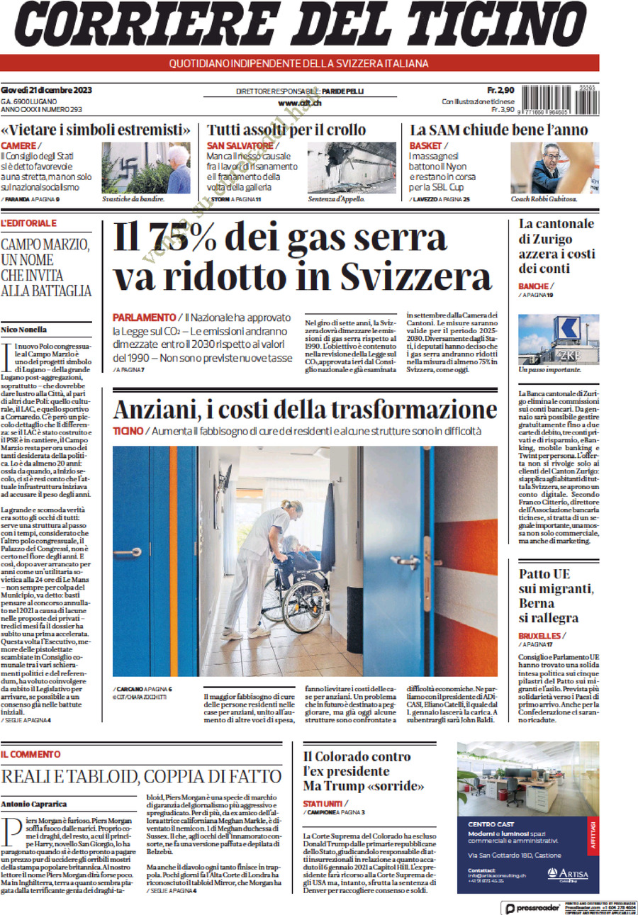 Corriere del Ticino Today's Cover Front Pages
