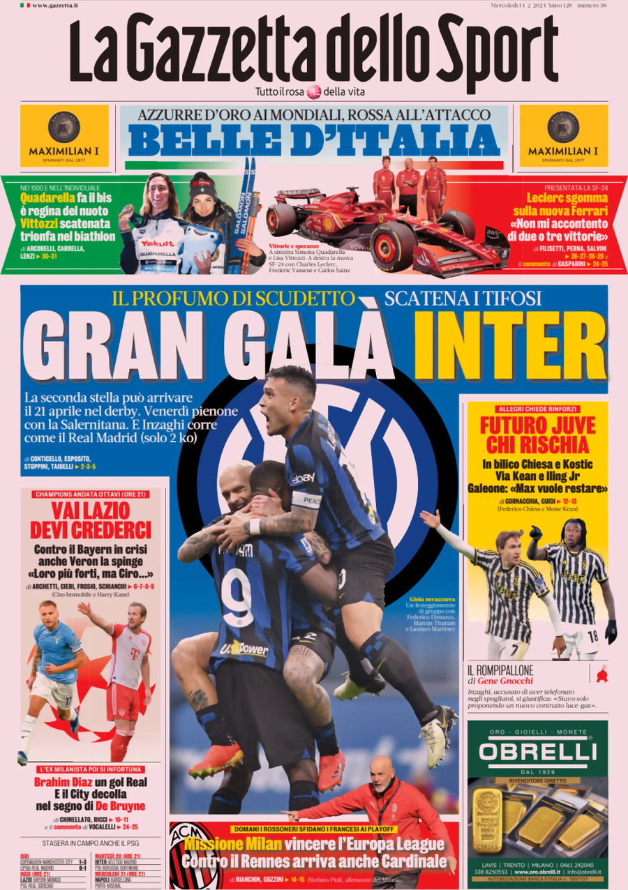 La Gazzetta dello Sport - Front Page - 14/02/2024