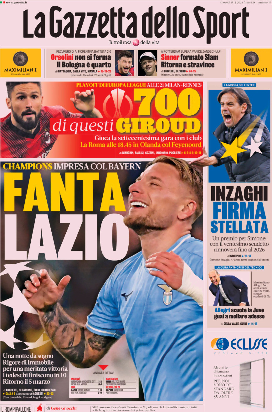 La Gazzetta dello Sport - Front Page - 15/02/2024
