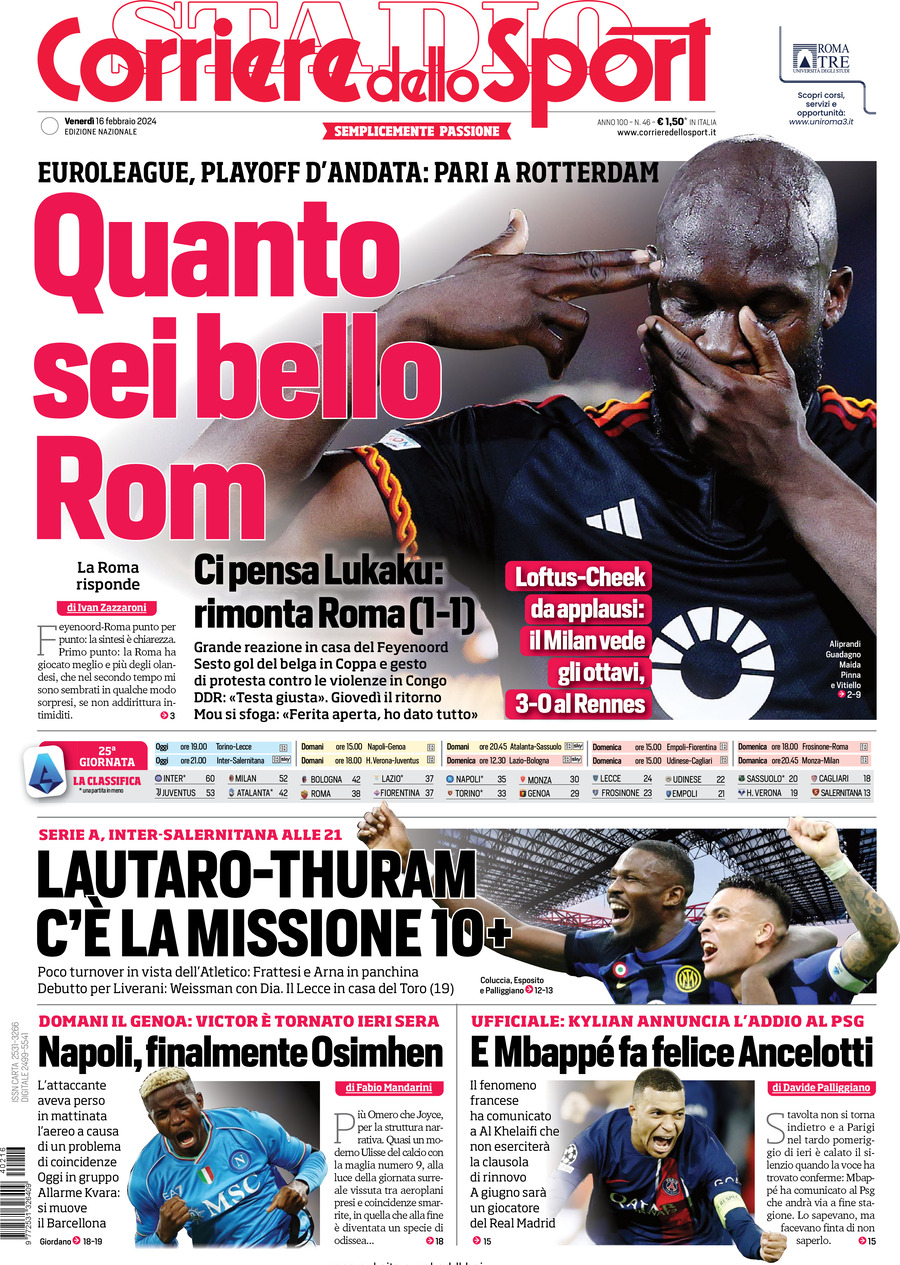 Corriere dello Sport - Front Page - 16/02/2024