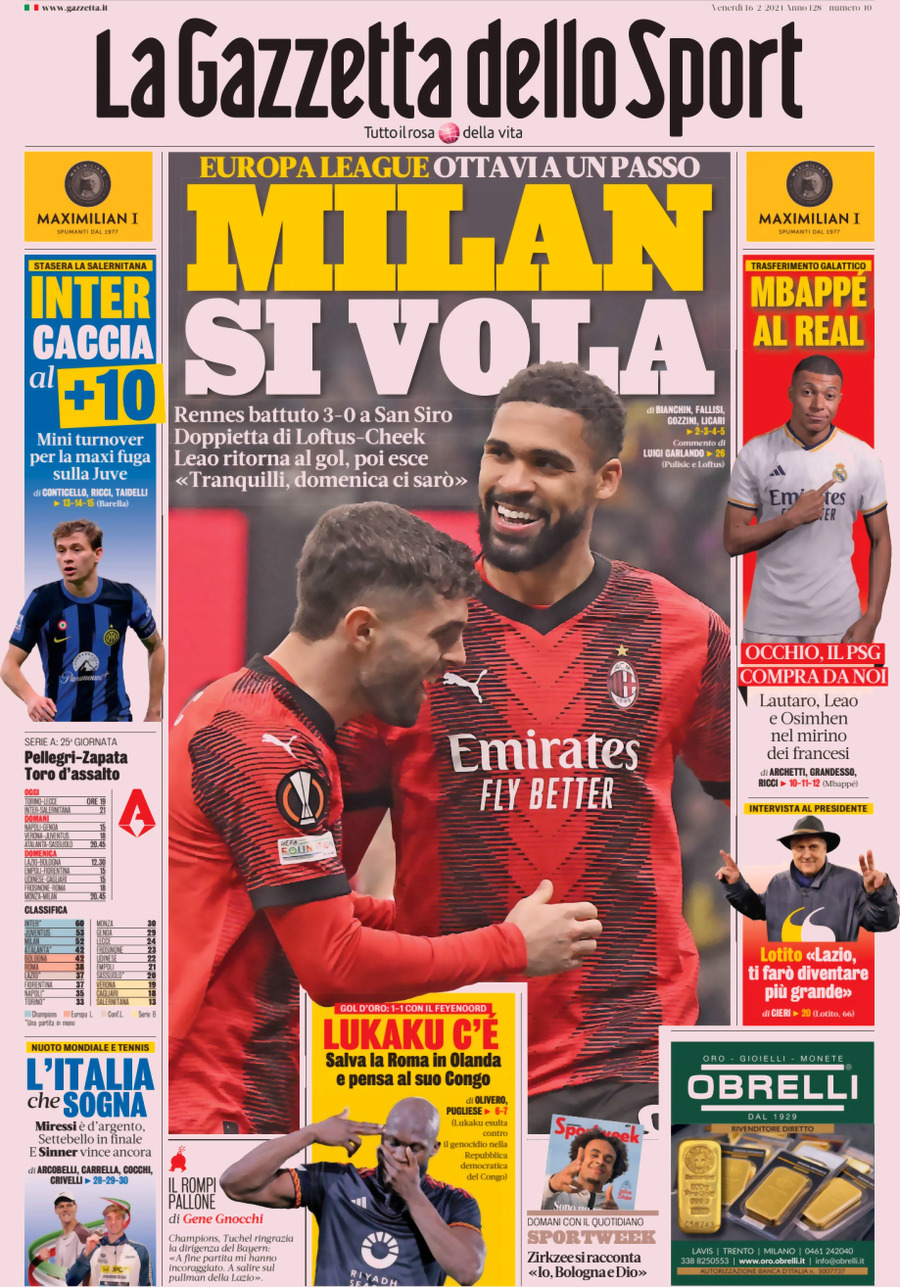 La Gazzetta dello Sport - Front Page - 16/02/2024