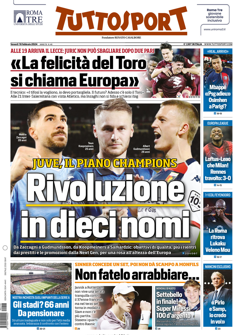 Tuttosport - Front Page - 16/02/2024