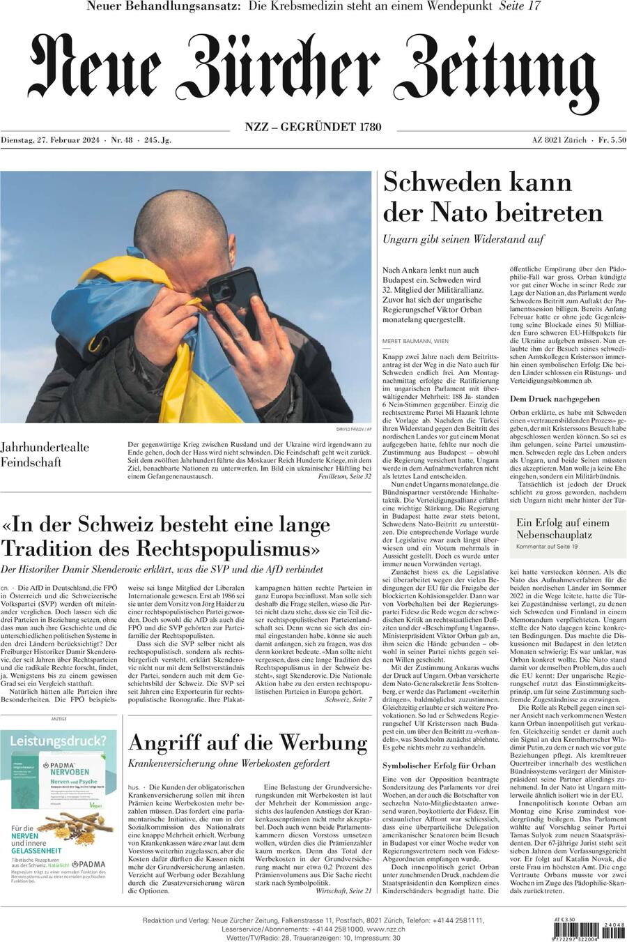 Neue Zürcher Zeitung - Front Page - 27/02/2024