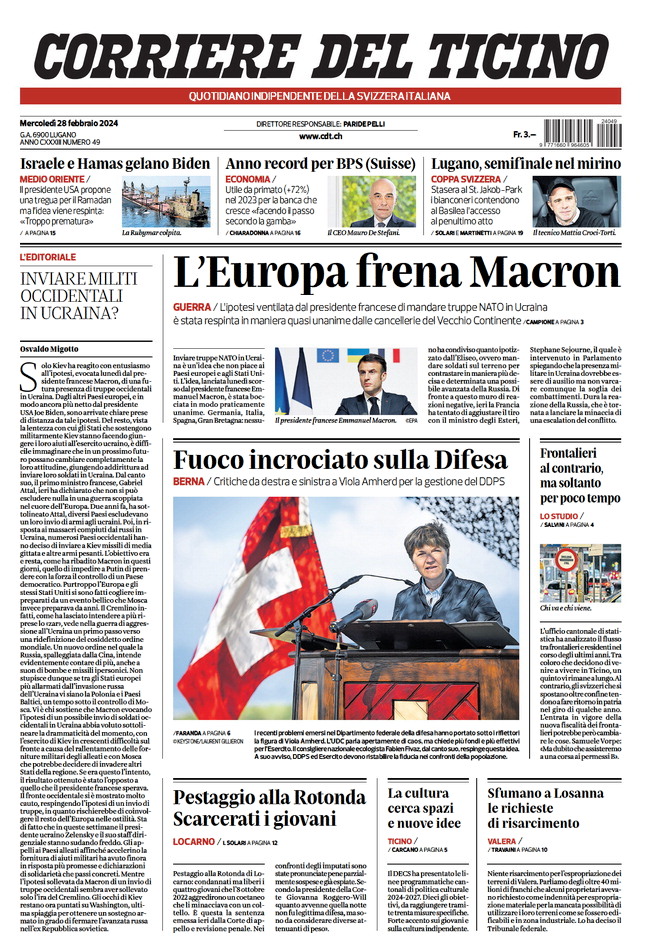 Corriere del Ticino - Front Page - 28/02/2024