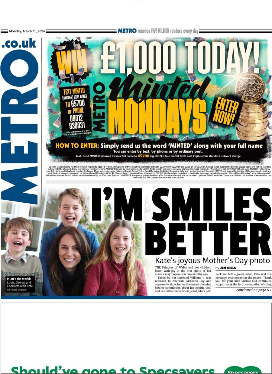 Metro UK - Front Page - 11/03/2024