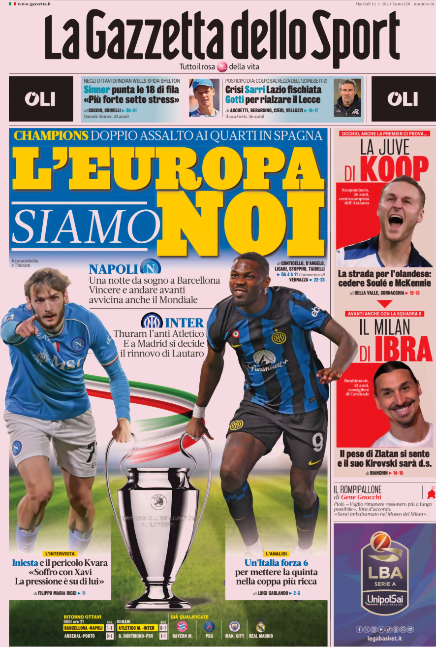La Gazzetta dello Sport - Front Page - 12/03/2024